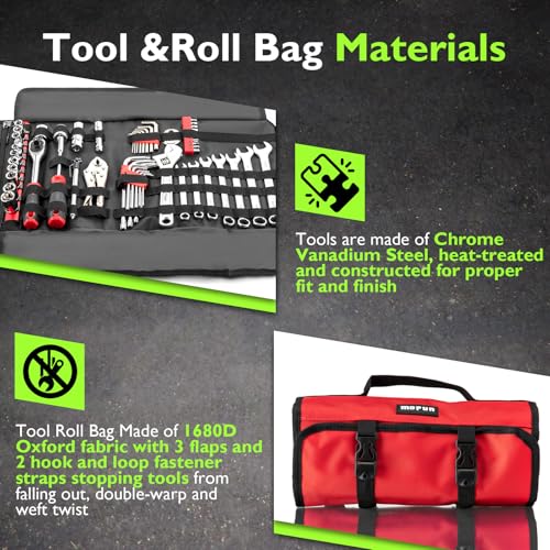 Mofun 64-Piece Motorcycle Tool Kit Universal with Roll Pouch Roadside Travel Wrenches, Ratchet Universal Compatible with Cars Fit Trucks Fit Motorcycles Fit Enduro Dirt Bikes Fit UTVs Fit ATVs, Red - color: Red