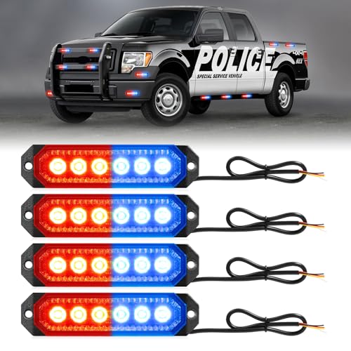 HLauto 406T Emergency Strobe Grille Lights: 4Pcs 6 LED Sync Feature Safety Warning Flashing Light, 12V-24V Ultra Slim Surface Mount Hazard Caution Light for Truck, Vehicle, Car, ATV, UTV (Red Blue) - color: Red/Blue