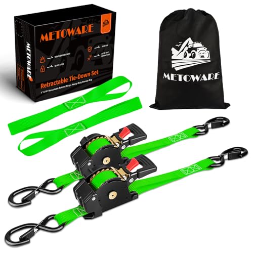 METOWARE Retractable Ratchet Straps (2-Pack) - 1 in x 10 Ft (1500lb Break Strength) - Heavy Duty Auto Self Retracting Tie Down Straps for Truck, Trailer, Cargo Van, Motorcycle - Green - color: Green, size: 2-pack
