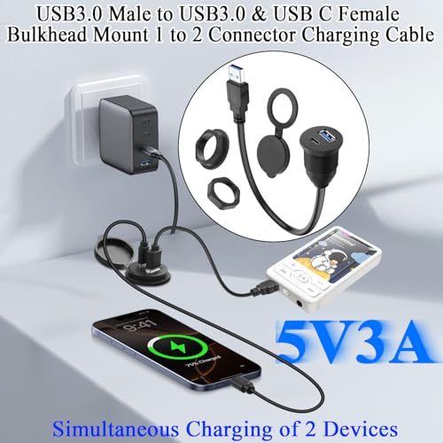 QIANRENON 2-in-1 USB3.0 to USB3.0 & USB C Threaded Fixed Adapter Short Cable 5GBps Type A Male to A + C Female Embedded Mount 1 to 2 Connector, 5V3A Charging, Mounted Car/RV Dashboard, 30cm/11.8in
