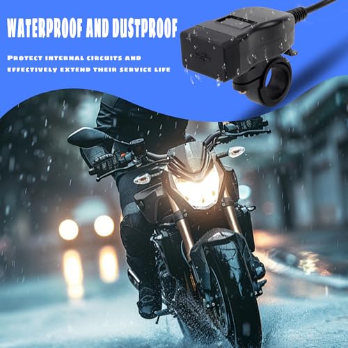 Motorcycle USB Charger QC 3.0 Phone Charger Dual USB Type C Voltmeter Switch Compatible with Phone Tablet Black