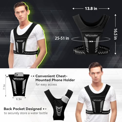 Reflective Vest Chest Phone Holder, Adjustable Hydration Training Workout Gear for Nighttime Running Biking - color: Black