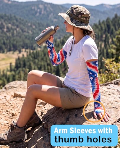Aueyan Arm Sleeves for Men Women,Cooling Sleeves with Thumb Holes,Funny Sun Protection Arms Cover with Print Pattern - color: Tie Dye Flag