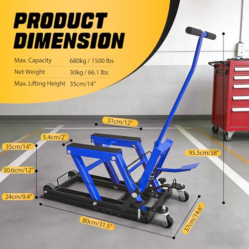 1500 Lbs Hydraulic Moto Lift, Foot-Operated, 3-Speed Lock & Belts, Blue | 1500 Lbs Hydraulic Moto Lift, Foot-Operated Jack, 9.4"-14" Height, 3-Speed Lock, 2 Ratchet Belts, for ATV/UTV - color: Blue