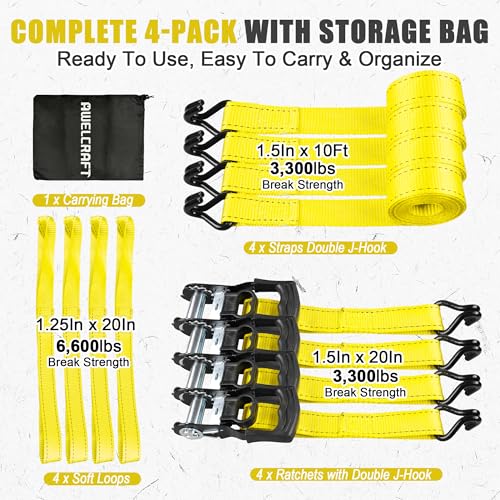 AWELCRAFT Ratchet Straps(4 Pack),3300lb Breaking Strength,1.5in×10ft Heavy Duty Tie Down Ratcheting with Padded Handles,Double J Hooks & 4 Soft Loops for Trailer,Trucks,Motorcycle(Yellow) - color: Yellow