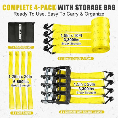 AWELCRAFT Ratchet Straps(4 Pack),3300lb Breaking Strength,1.5in×10ft Heavy Duty Tie Down Ratcheting with Padded Handles,Double J Hooks & 4 Soft Loops for Trailer,Trucks,Motorcycle(Yellow) - color: Yellow