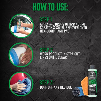 Chemical Guys Insynchro Scratch & Swirl Remover (8 oz) - Kit with Hex Logic Dual Sided Hand Polishing Pad and Monster Extreme Microfiber Towel for Paint Restoration and Gloss Enhancement - style: 8 Fl Oz + Pad & Towel Kit