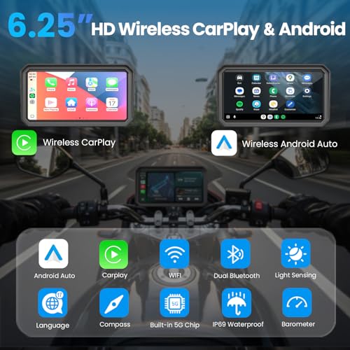 Wonvon 6.25" Motorcycle CarPlay Display Wireless Apple CarPlay | Android Auto GPS Navigation, 2K Dual Dash Cam, IP69 Waterproof, Anti-Glare Screen, Quick Release Mount - color: 6.25 Inch for 99% Motor