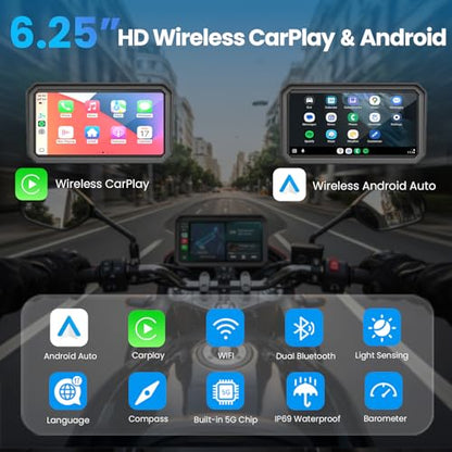 Wonvon 6.25" Motorcycle CarPlay Display Wireless Apple CarPlay | Android Auto GPS Navigation, 2K Dual Dash Cam, IP69 Waterproof, Anti-Glare Screen, Quick Release Mount - color: 6.25 Inch for 99% Motor