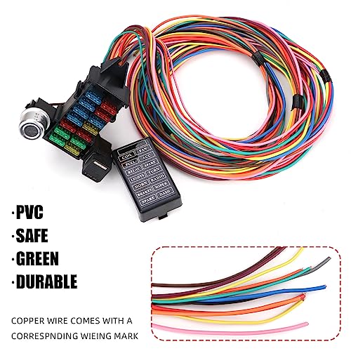 14 Circuit Wiring Harness Universal for Street Muscle Car Hot Rod Rat XL Copper Wire Harness 12V Fuse Wiring Harness Kit Compatible with Chevy Ford Chrysler Mopar Muscle Car