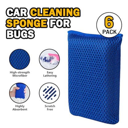 AIDEA Car Wash Sponge, Microfiber Large Bug and Tar Remover for Cars, Non Scratch Reusable Mesh Car Wash Sponges, 6PK, Blue, 5.71 * 3.54 * 1.89 inch