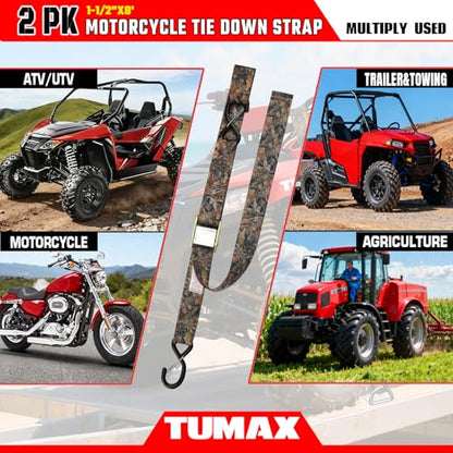 2 Pack Tie Down Straps with Cam Buckle - 2500lbs Break Strength, 1.5 Inch x 8 Feet Heavy Duty Camouflage Cargo Straps with Secure S-Hooks Latch, for Motorcycle, ATV, UTV, Dirt Bike and Trailer - color: Camouflage