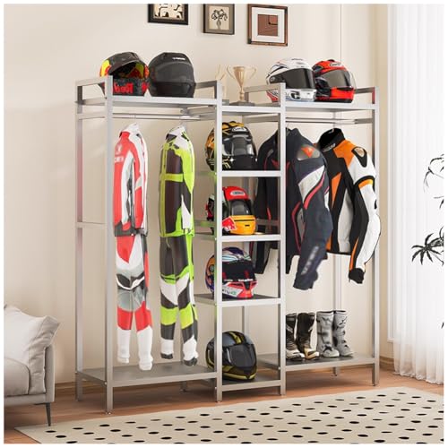 Floor Standing Motorcycle Helmet Holder, Large Helmet Stand, 3 in 1 Gear Storage Rack, Display Shelf for Accessories, Jacket, Gloves and Boots(170x40x170cm) - color: Gray, size: 170x40x170cm