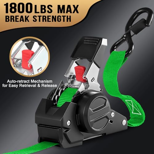 Retractable Ratchet Straps (4-Pack) - 1 in x 10 Ft (1800 LB Break Strength) Heavy Duty Self Retracting Ratchet Straps with Soft Loops & Storage Bag for Household, Motorcycle, Truck, ATV(Green) - style: Green-4 Pack