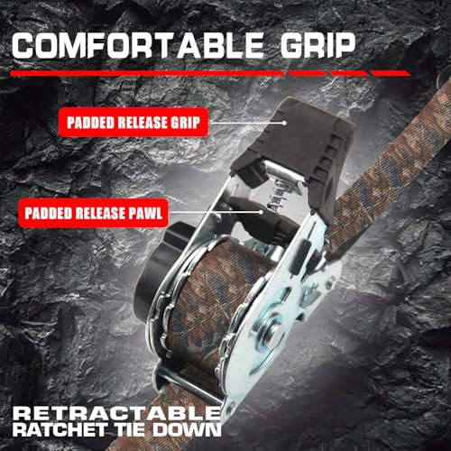 2-Pack Retractable Ratchet Tie Down Straps, 1" x 10ft with Soft Loops & S-Hooks, 1500lbs Break Strength Self-Retracting Cargo Straps for Truck, Trailer, Motorcycle, ATV, Kayak (Camouflage) - size: 2PK- 1500lbs-Camouflage