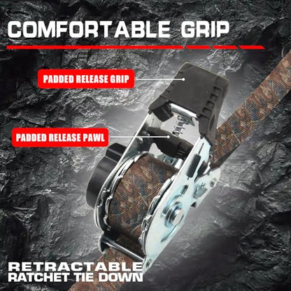 2-Pack Retractable Ratchet Tie Down Straps, 1" x 10ft with Soft Loops & S-Hooks, 1500lbs Break Strength Self-Retracting Cargo Straps for Truck, Trailer, Motorcycle, ATV, Kayak (Camouflage) - size: 2PK- 1500lbs-Camouflage