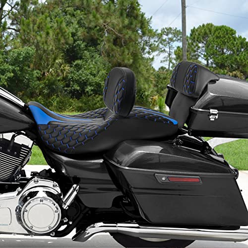 SLMOTO Rider Passenger Seat Driver Sissy Bar Passenger Backrest Pad for Harley Touring Road King Street Electra Road Glide 2014-2023 Black Blue One-Piece Seat Cushion Set - color: Blue + 2 Backrest SP