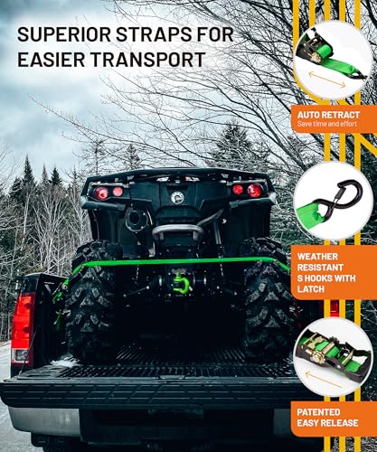 Strapinno Retractable Ratchet Tie-Down Straps,5,000 lbs Breaking Strength- 2 in x 12 ft Heavy Duty Ratchet Strap with Safety Lock S Hooks for Motorcycles, ATVs, UTVs, Lawn Equipment & Cargo (Green) - color: Green
