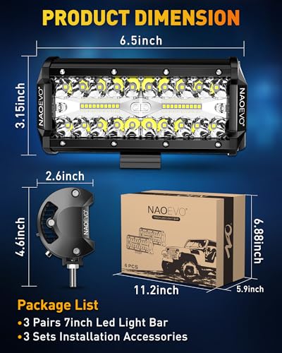 NAOEVO 7 Inch LED Light Bar, 720W 72,000LM Offroad Fog/Driving Lights LED Tractor Lights with Spot Flood Combo Beam, Waterproof LED Work Lights for Truck Boat ATV UTV, 6 Pcs (White) - size: 6 Pcs