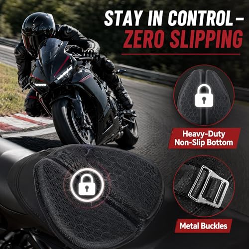 Hexrider Motorcycle Seat Cushion with Cover, 3D Honeycomb Cooling Gel Pad for Long Rides, Universal Non-Slip Shock Absorbing Seat Cover for Motorcycle Accessories, Foldable Breathable Cushion.