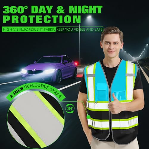 BeautyWill Personalized Team Vest: Class 2 Hi-Vis Safety Vest for Men | Custom Logo & 5 Reflective Pockets - color: 003-blueblack-knit-1pcs, size: Small