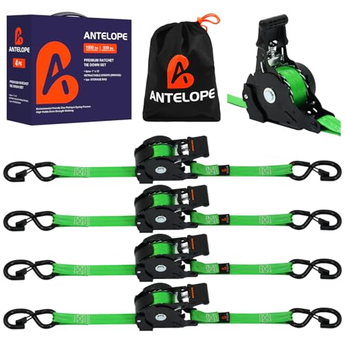 Retractable Ratchet Straps (4 PK), 1" x 12 ft Auto Retract Tie Downs, Automaitc Ratchet Strap, 1500lb Break Strength AutoRetract Self Retracting for Motorcycle, Truck, Cargo, Trailer, ATV, UTV -Green - color: Green, size: 4pack