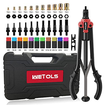 WETOLS 17" Rivet Nut Tool, Hand Rivet Tool Kit with 11 Metric & SAE Mandrels M3 M4 M5 M6 M8 M10 M12, 10-24, 1/4-20, 5/16-18, 3/8-16, 110pcs Rivnuts, Sturdy Case Packed, Auto Release Nut Design, WE-896 - size: 17" auto release rivet nut tool