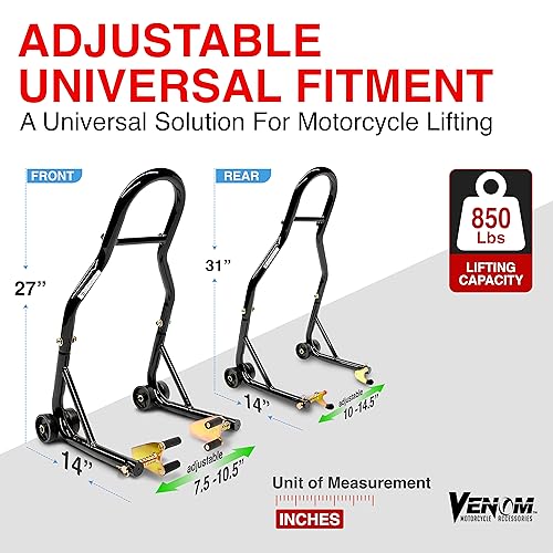 Venom Motorcycle Stand Lift, Front & Rear Combo, Universal Paddock Lift Stand, Front Wheel Fork Stand Rear Wheel Swingarm Spool Stand, Compatible With Most Yamaha Honda Kawasaki Suzuki BMW Motorcycles