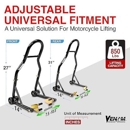 Venom Motorcycle Stand Lift, Front & Rear Combo, Universal Paddock Lift Stand, Front Wheel Fork Stand Rear Wheel Swingarm Spool Stand, Compatible With Most Yamaha Honda Kawasaki Suzuki BMW Motorcycles