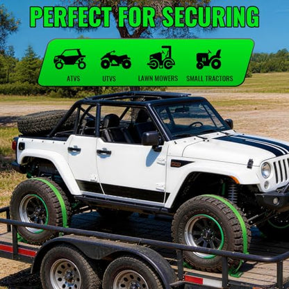 Wheel Chock Tie Down Straps kit for Trailers, E-Track Heavy-Duty Wheel Tie-Down Set for Lawn UTV ATVs, SUV,Mowers and Tractors – 4500 lbs Break Strength, 2-Pack 2in x 8ft,Green - color: Green, 2 Pack