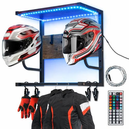 Motorcycle Helmet Rack Wall Mount with Light, Black & Steel Motorcycle Helmet Rack With RGB Light, Waterproof Heavy Duty Helmet Display Shelf for Jackets, Gear & Motorcycle Accessories Storage - size: Small