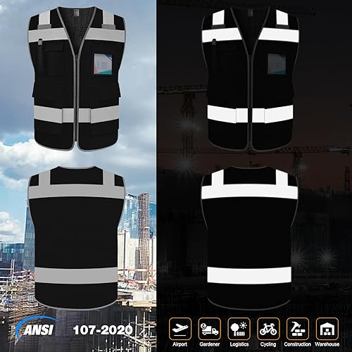 TCCFCCT Mesh Hi Vis Vest 5 Pockets High Visibility Work Vest with Reflective Strips, Meets ANSI/ISEA Standards, Black, M - color: Lion 02-mesh-black, size: Medium