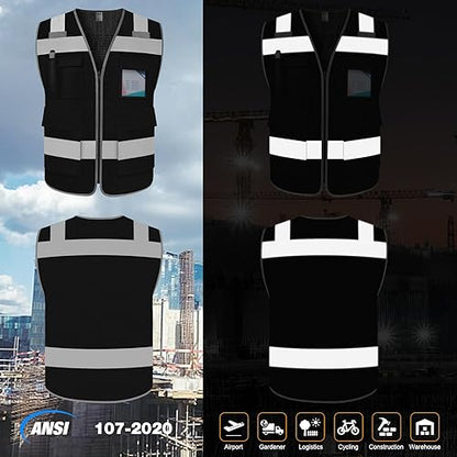 TCCFCCT Mesh Hi Vis Vest 5 Pockets High Visibility Work Vest with Reflective Strips, Meets ANSI/ISEA Standards, Black, M - color: Lion 02-mesh-black, size: Medium