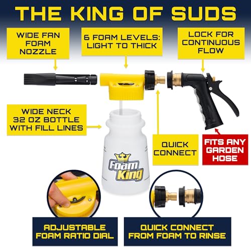 Foam King Car Wash Foam Gun, Foam Cannon for Hose Garden - The King of Suds - Ultimate Scratch Free Cleaning Car Soap Sprayer - Snow Foaming Blaster Fits all Garden Hose - color: Foam Gun (For Garden Hose)