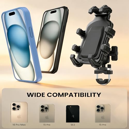 Motorcycle Phone Mount Holder with Vibration Dampener, Heavy Duty Bike Phone Holder, Anti-Shake Handlebar for Bicycle Bike Phone Holder Mount, Adjustable Fit 5.4-6.9'' Smartphone