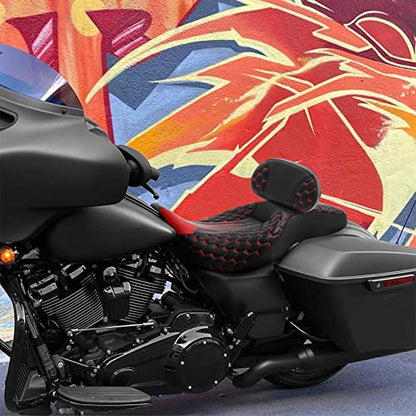 C.C. RIDER Motorcycle Backrest Plug-in Driver Rider Backrest Sissy Bar for Harley Davidson Touring CVO Street Glide Road Glide Electra Glide Road King 2009-UP - color: Rider Backrest-Red Stitching