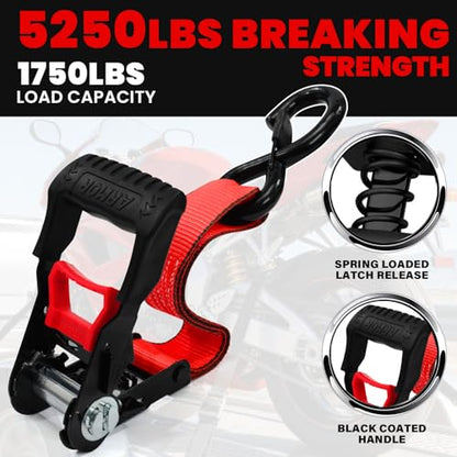 Motorcycle Tie Down Straps with Soft Loop Tie Downs - color: Red, size: 5250 lb