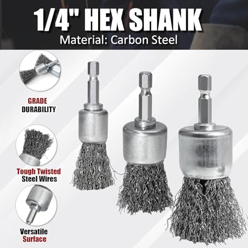 9 PCS Wire Brush Wheel for Drill, 0.8" 1" 1.2" Sizes - Crimped End Wire Brushes 1/4" Hex Shank Knotted Brush for Paint-Surface and Small Spaces