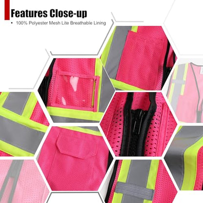 Reflective Safety Vest for Men Women Hi Vis Vest with Pockets High Visibility Vest Mesh Construction Vests Meets ANSI/ISEA Standards (Pink-33, Medium) - color: Pink-33, size: Medium