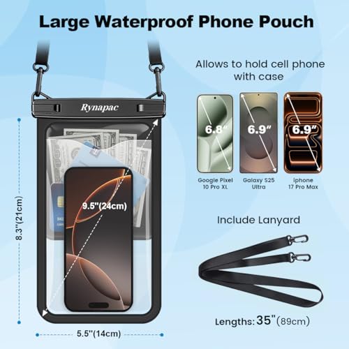 Rynapac Large Waterproof Phone Pouch [Up to 10"] - 2 Pack IPX8 Waterproof Phone Case for iPhone 17 16 15 Pro Max Galaxy S26 Ultra, Touchscreen & Underwater Photography, Beach Cruise Essentials 2026 - color: [Pink + Black] Large Waterproof Phone Pouch, siz