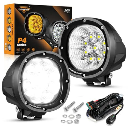 Auxbeam 4 Inch Round LED Light Pods, 90W Offroad Flood White Light Bar, Super Bright 9000LM Driving Work Light with DT Plug Wiring Harness Kit for Truck Boat Pickup ATV UTV SUV-2PCS - color: P4 Series-White Flood Beam
