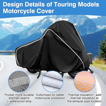 Motorcycle Cover for Harley Davidson Touring Models Road King Road Glide Street Glide Electra Glide,420D Heavy Duty Waterproof Outdoor Protection Motorbike Cover with Soft Cotton Lining & Lock Hole
