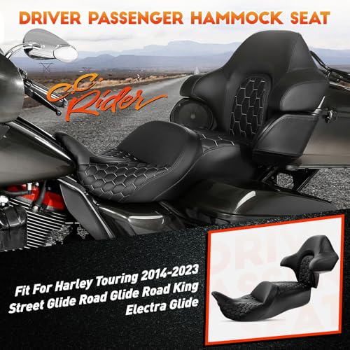 CC RIDER Gel Seat Driver Passenger Seat and King/Chopped Tour Trunk Backrest Fit For Harley Touring 2014-2023 Street Glide Road Glide Road King Electra Glide,Black Hexagon - color: 23# Gel Black+ 1 Backrest