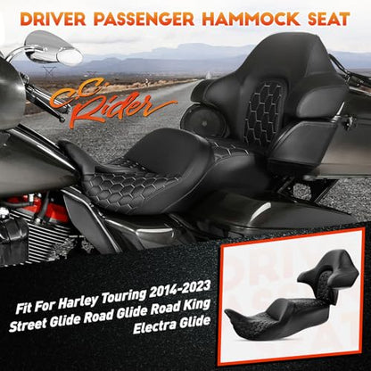 CC RIDER Gel Seat Driver Passenger Seat and King/Chopped Tour Trunk Backrest Fit For Harley Touring 2014-2023 Street Glide Road Glide Road King Electra Glide,Black Hexagon - color: 23# Gel Black+ 1 Backrest