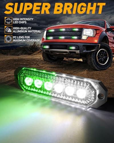HLauto 406T Emergency Strobe Grille Lights: 4Pcs 6 LED Sync Feature Safety Warning Flashing Light, 12V-24V Ultra Slim Surface Mount Hazard Caution Light for Truck, Vehicle, Car, ATV, UTV (Green White) - color: Green/White