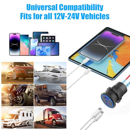 2 Pack USB C Car Charger Socket 12V USB Outlet, 78W Dual 30W PD and 18W QC3.0 Multi Port Cylinder Charger with Button Switch Waterproof for Car Boat RV Marine Golf Cart Truck Bus Motor etc. - color: 2 pack