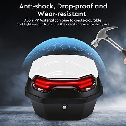 35L Motorcycle Top Case, Motorcycle Daily Tail Box Trunk Lockable Storage Carrier Plastic Case with Soft Backrest Universal Mounting for Helmet Luggage, Waterproof Motor Top Box - White