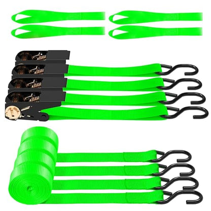 AWELCRAFT Ratchet Straps 4 Pack,1 Inch x 15 Feet Tie Down Ratcheting Strap,1500lb Breaking Strength with S-Hook,4X Soft Loops for Moving Appliances,Lawn Equipment,Truck,Motorcycle(Green) - color: Green