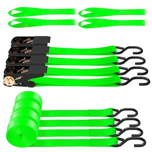 AWELCRAFT Ratchet Straps 4 Pack,1 Inch x 15 Feet Tie Down Ratcheting Strap,1500lb Breaking Strength with S-Hook,4X Soft Loops for Moving Appliances,Lawn Equipment,Truck,Motorcycle(Green) - color: Green