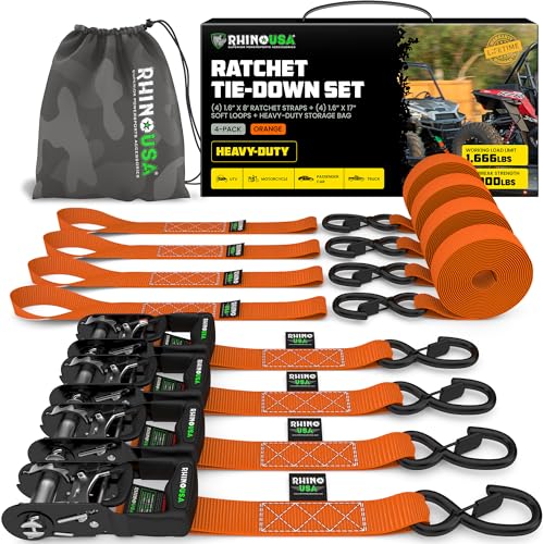 Rhino USA Ratchet Straps Heavy Duty Kit (4-Pack) - 1.6 Inch x 8 Feet Min Break Strength (5,000) - Ultimate Tie Down Straps with Safety S Hooks for Trucks, ATV, UTV, Motorcycle, Cargo & More - Orange - color: Orange, size: 8ft - 4 Pack